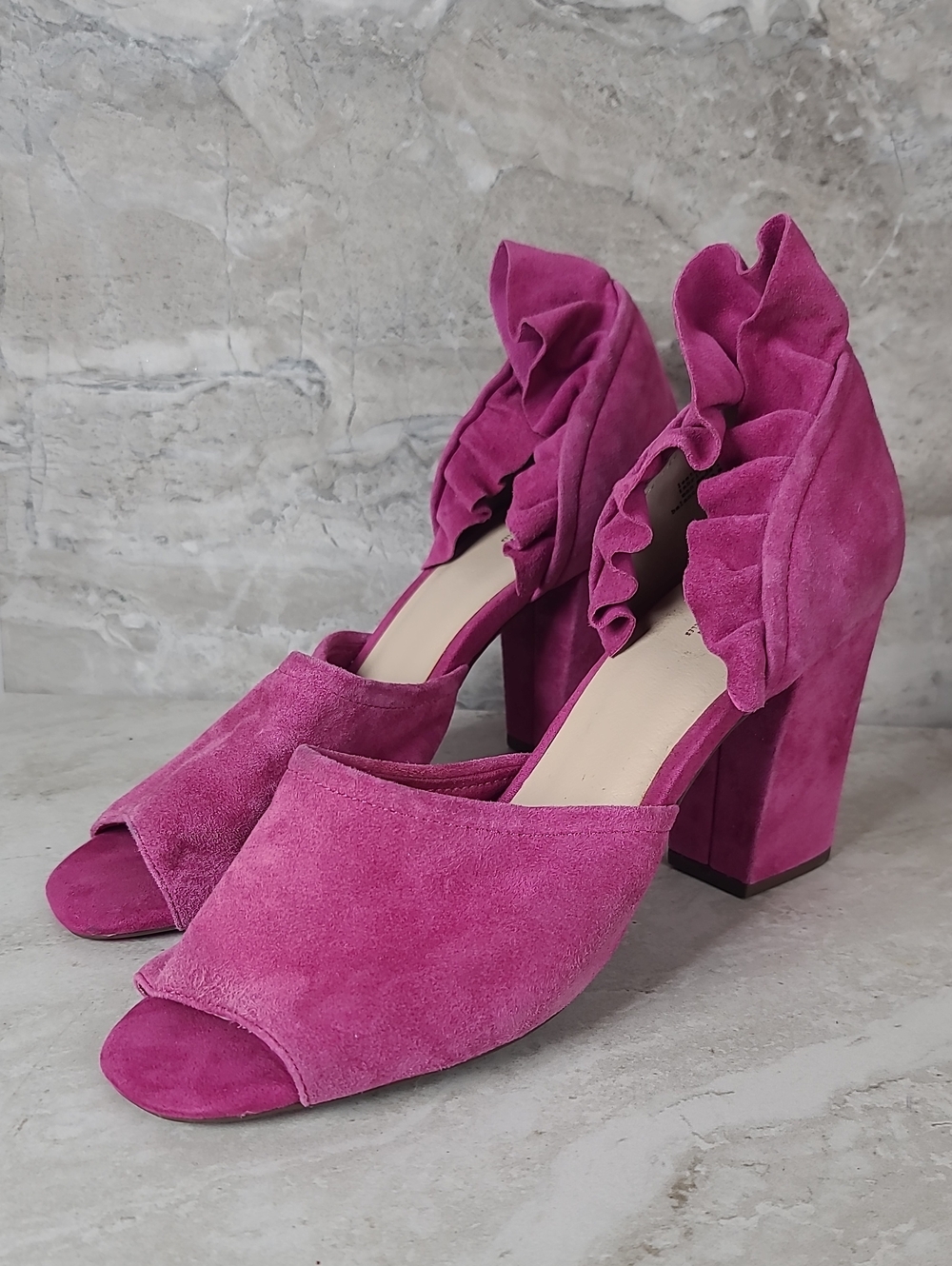 Seychelles TROPICAL Liendo Pink Suede Open-Toe Ruffle Block Heel Sandals 10 - Picture 6 of 13